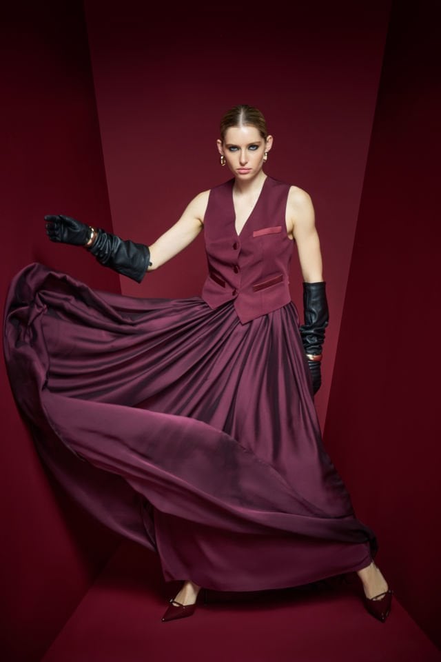 Selene Uzun Bordo İpek Etek