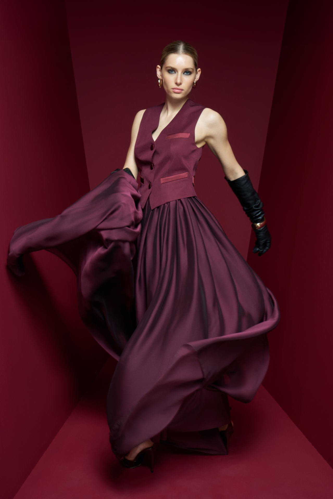Selene Uzun Bordo İpek Etek